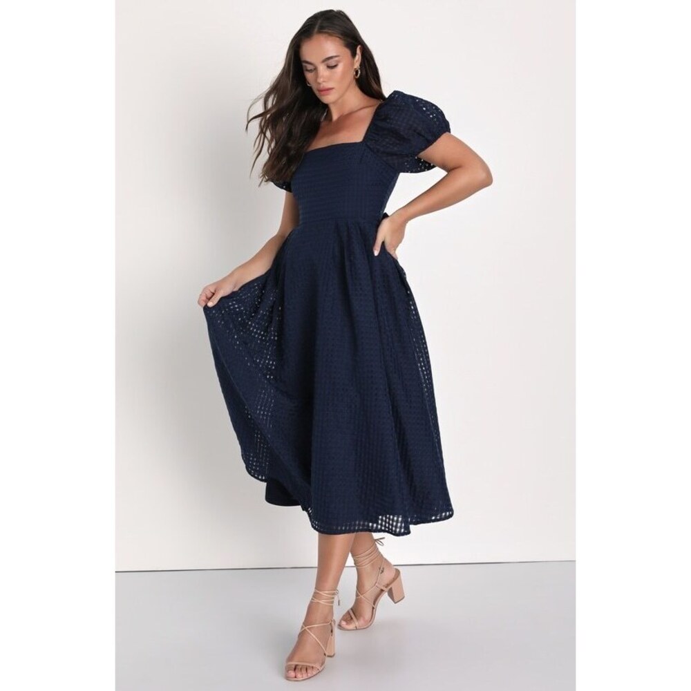 Lulus Certain Charisma Navy Blue Textured Puff Sleeve Midi Dress - Size S